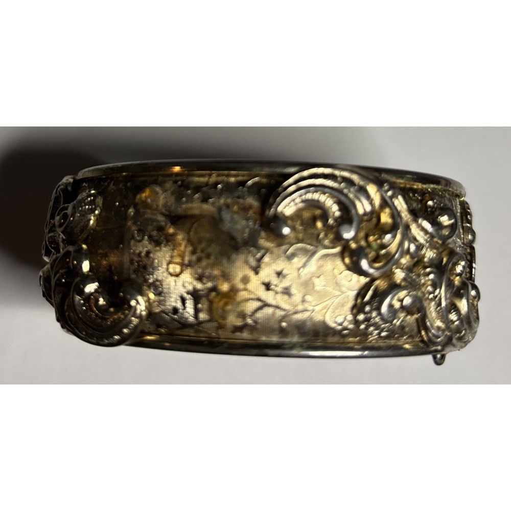 Vintage Two Tone Wide Hinged Clamper Bracelet Victorian Revival Scrollwork